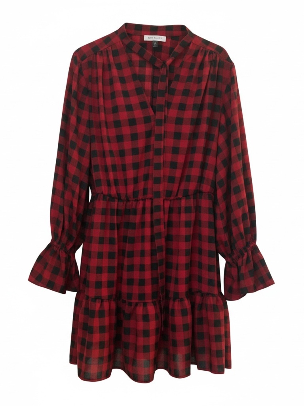 Eloquii Red and Black Plaid Tiered Long-Sleeve Dress